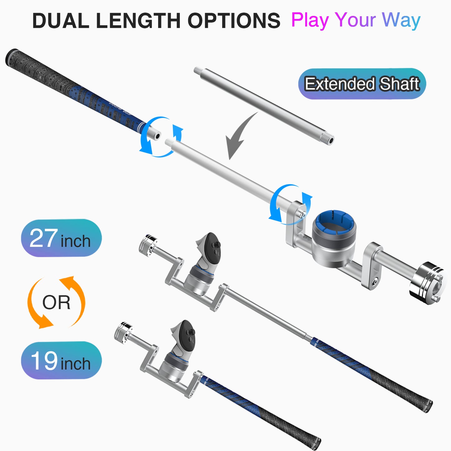 YEZRO Y28 |  27” & 19” Dual Length Golf Club Attachment, Compatible with Quest 2, 3/3s, and Pro Fits Left & Right Controllers